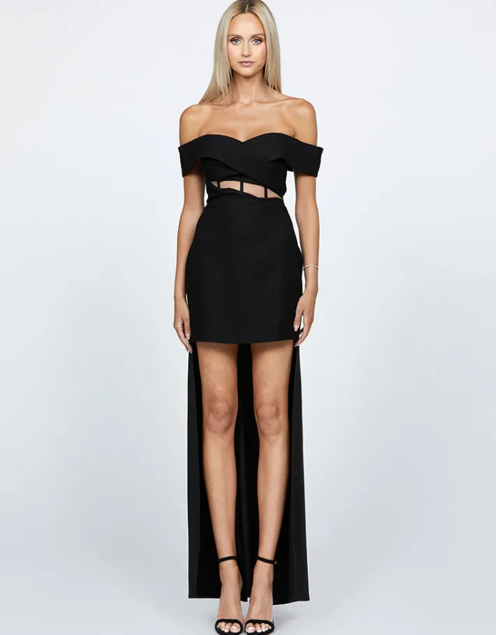 Maxi Dresses | Mini Dresses<Bariano SHEYLAH OFF SHOULDER MINI DRESS WITH TRAIN BL68D68S BLACK/SHEER
