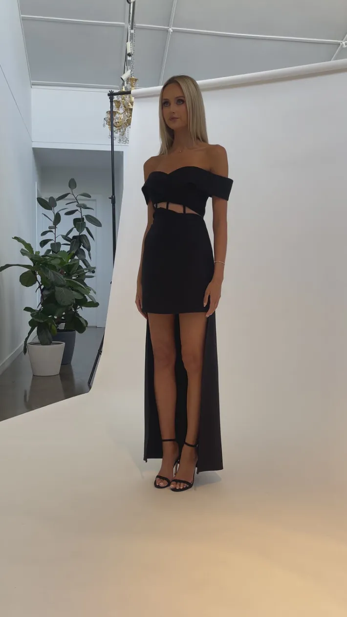 Maxi Dresses | Mini Dresses<Bariano SHEYLAH OFF SHOULDER MINI DRESS WITH TRAIN BL68D68S BLACK/SHEER