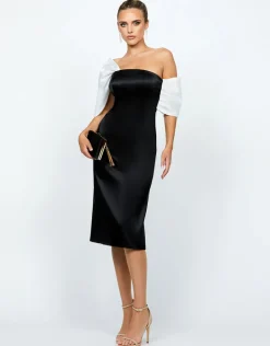 Midi Dresses | All Dresses<Bariano THESSALY FITTED ASYMMETRIC SLEEVE MIDI B68D23S BLACK/WHITE