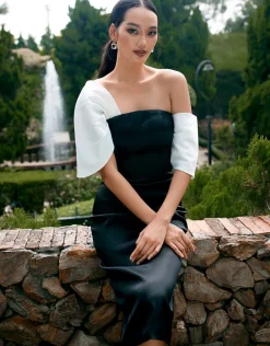 Midi Dresses | All Dresses<Bariano THESSALY FITTED ASYMMETRIC SLEEVE MIDI B68D23S BLACK/WHITE