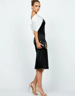 Midi Dresses | All Dresses<Bariano THESSALY FITTED ASYMMETRIC SLEEVE MIDI B68D23S BLACK/WHITE