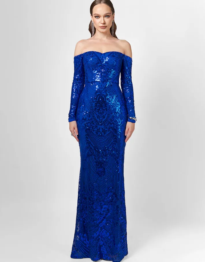 Formal / Prom Dresses | Maxi Dresses<Bariano ZOYA LONG SLEEVE SEQUIN GOWN B75D18L COBALT